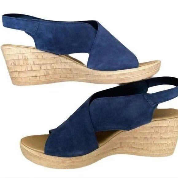 Mila Paoli NWOT Made In Italy Blue Suede Wedge Sandal Size 7 - Picture 1 of 8